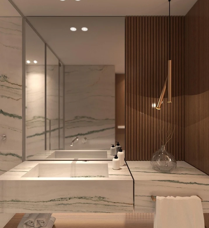 Luxury bathroom with bathtub and marble finishes at a residence in Voula, Athens Riviera