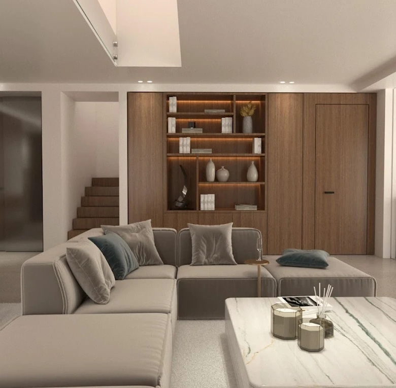 Open-plan living room with modern finishes at a luxury residence in Voula, Athens Riviera
