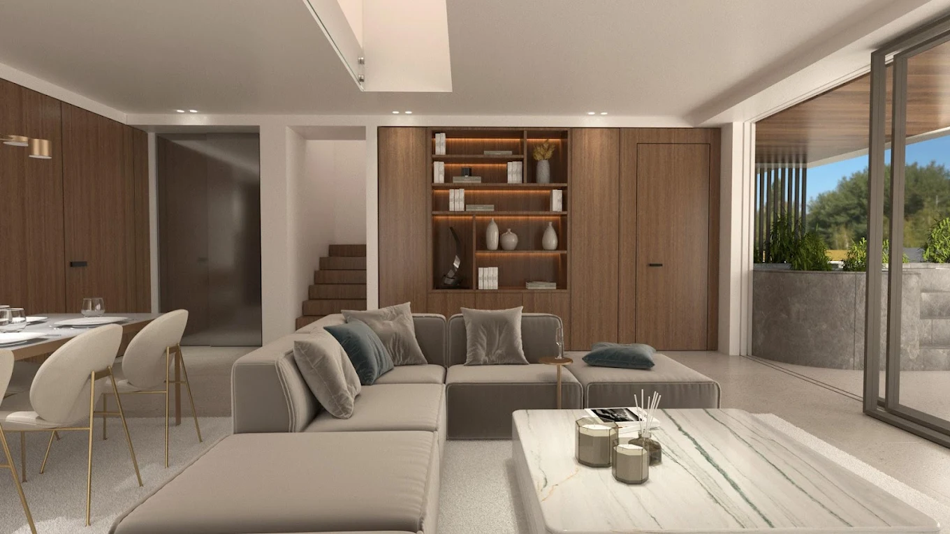 Voula Residence – Open-Plan Living Room Open-plan living room with modern finishes at a luxury residence in Voula, Athens Riviera