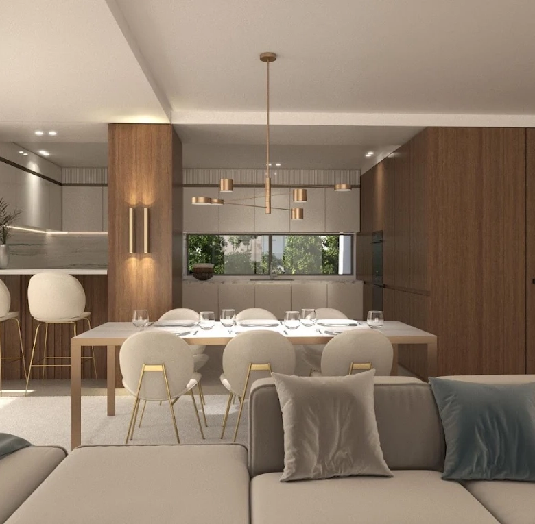 Living and dining area with contemporary design at a luxury residence in Voula, Athens Riviera