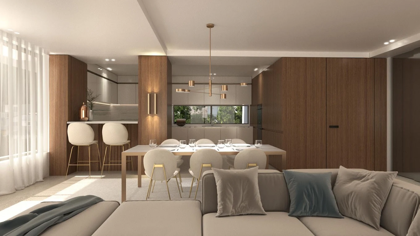 Voula Residence – Living & Dining Area Living and dining area with contemporary design at a luxury residence in Voula, Athens Riviera