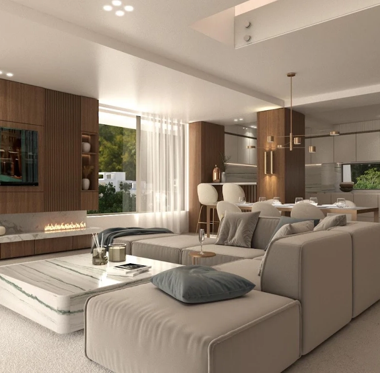 Contemporary living room with seating and media wall at a luxury residence in Voula, Athens Riviera