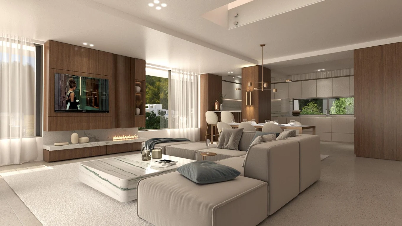 Voula Residence – Living Room with Media Wall Contemporary living room with seating and media wall at a luxury residence in Voula, Athens Riviera