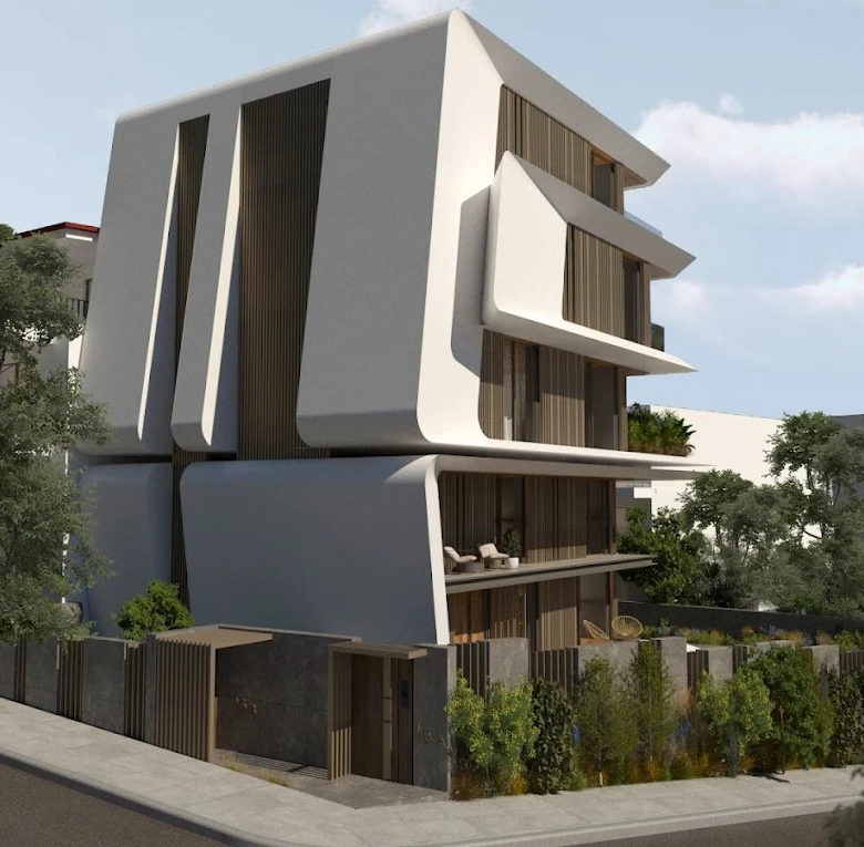 Street approach view of the modern residence exterior in Voula, Athens Riviera