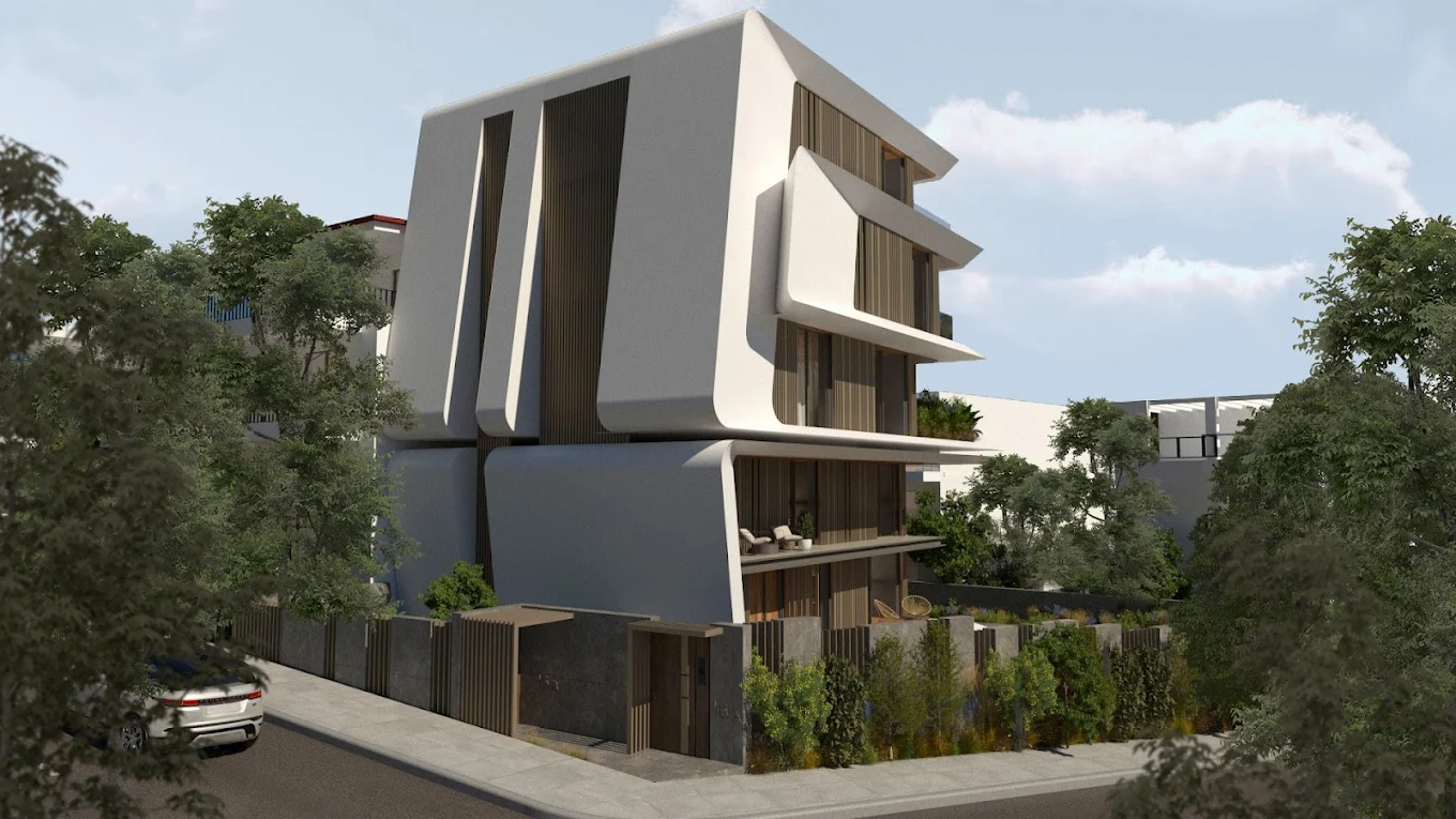 Voula Residence – Street Approach Exterior View Street approach view of the modern residence exterior in Voula, Athens Riviera