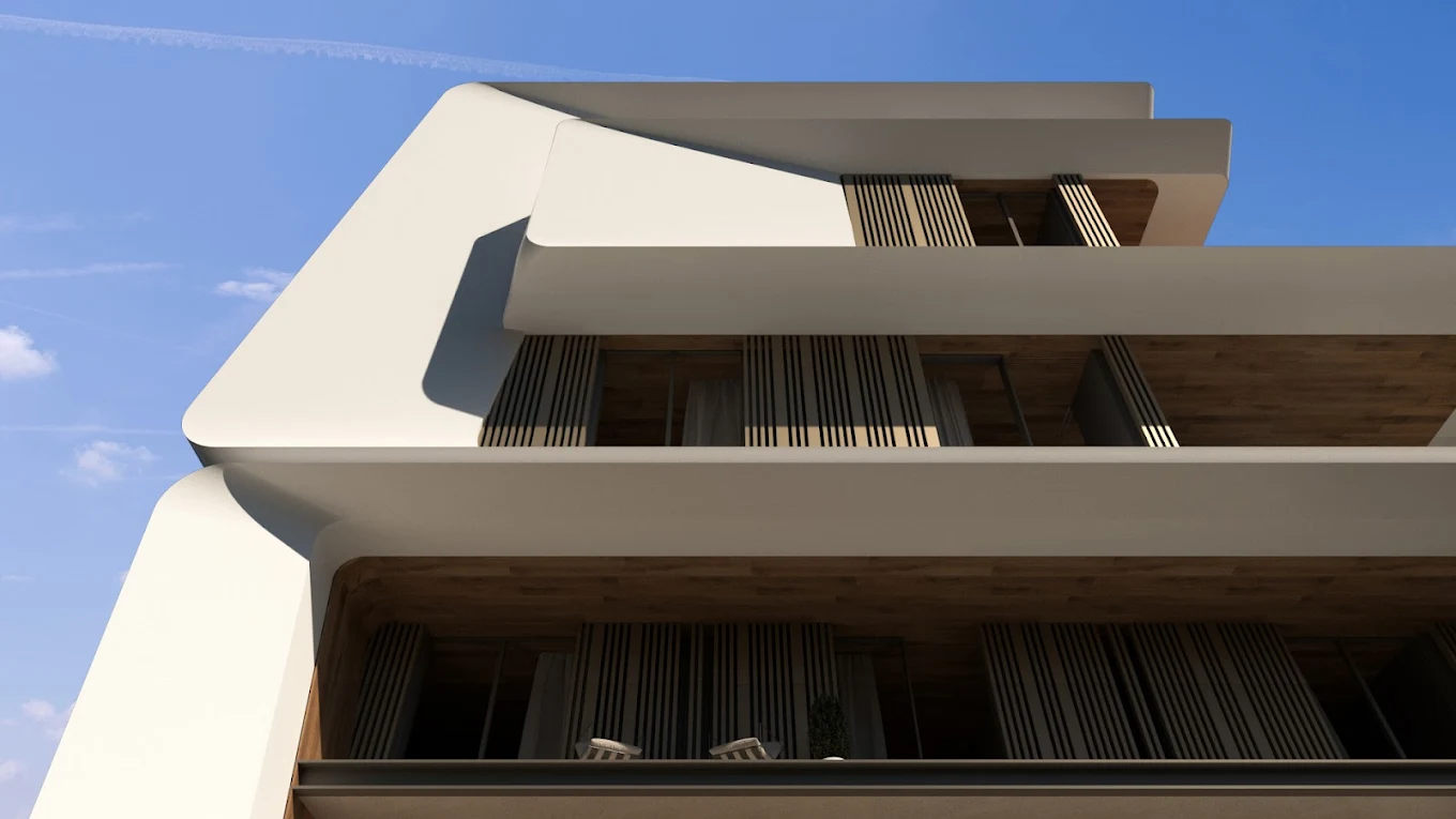 Voula Residence – Upper Levels & Roofline Upward exterior view of upper balconies and roofline of the Voula sea-view residence