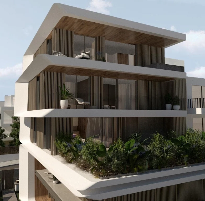 Angled exterior view of a modern residence with layered balconies in Voula, Athens Riviera