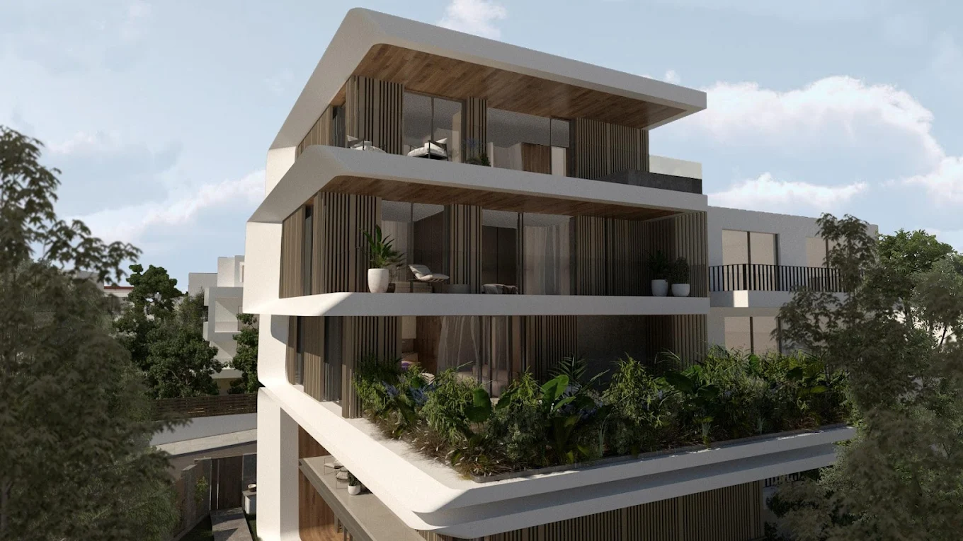 Voula Residence – Angled Exterior with Balconies Angled exterior view of a modern residence with layered balconies in Voula, Athens Riviera