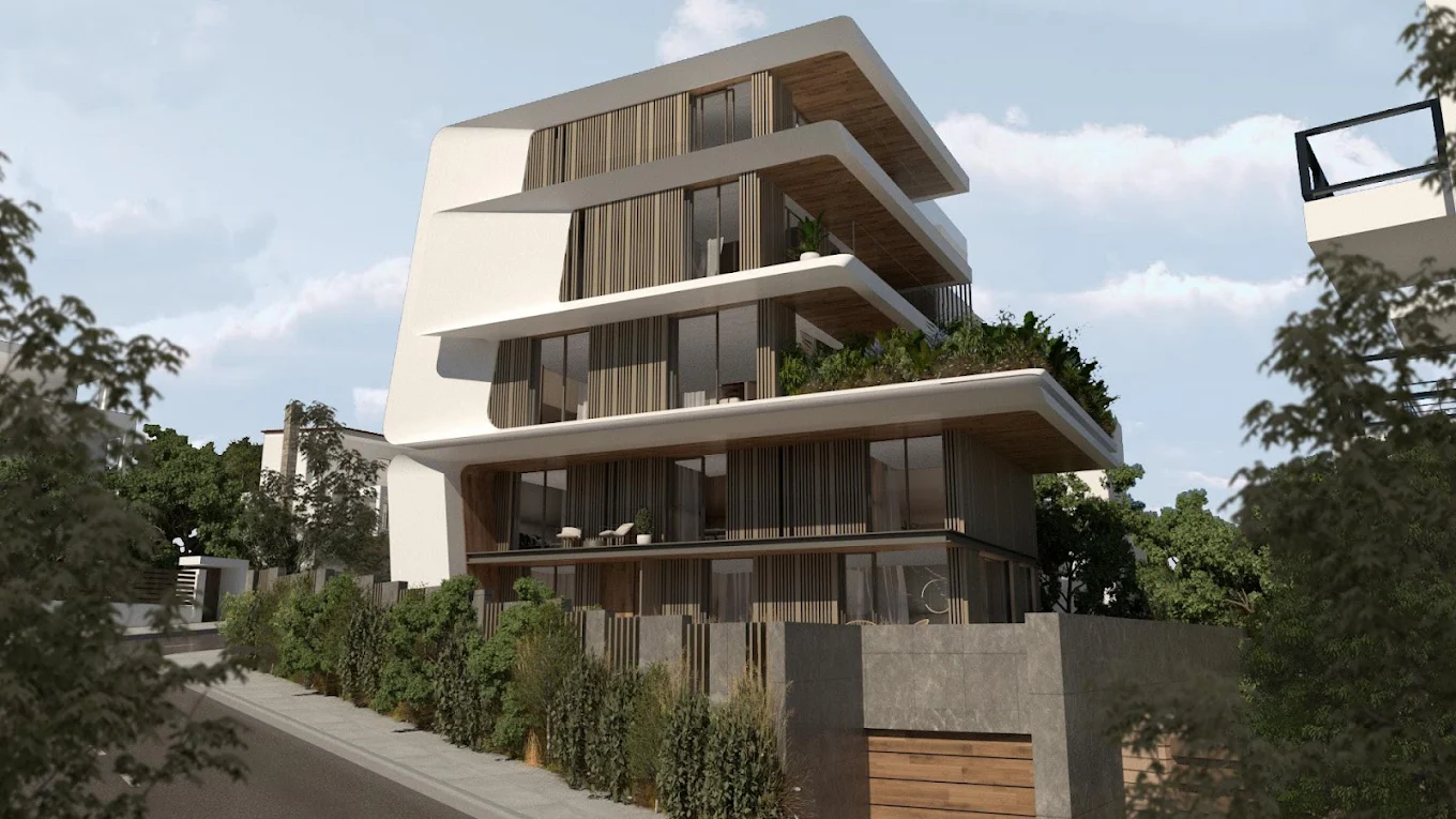 Voula Residence – Corner Exterior Perspective Corner exterior view of a contemporary sea-view residence in Voula, Athens Riviera