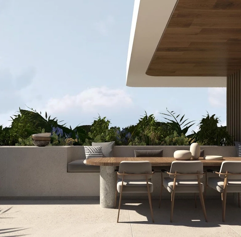 Outdoor terrace dining area with open views at a luxury residence in Voula, Athens Riviera
