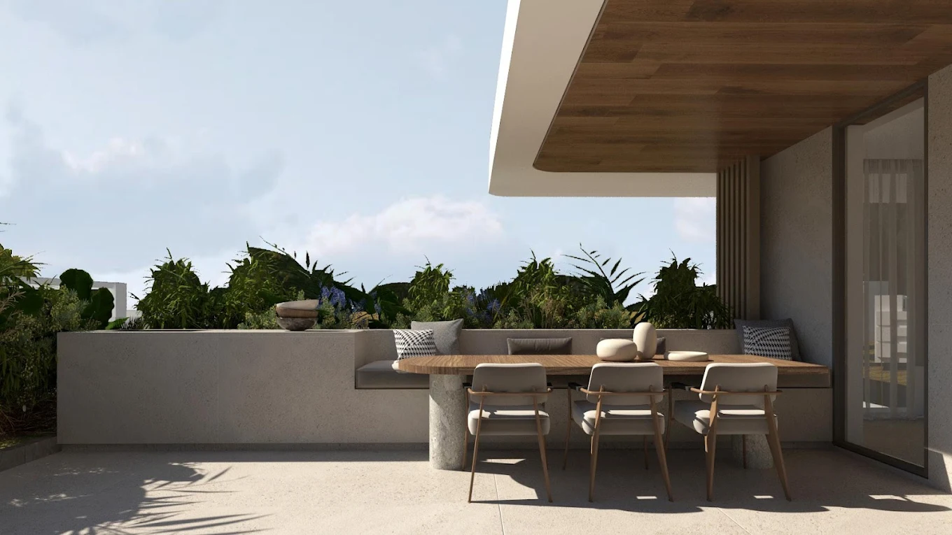 Voula Residence – Terrace Dining Area Outdoor terrace dining area with open views at a luxury residence in Voula, Athens Riviera
