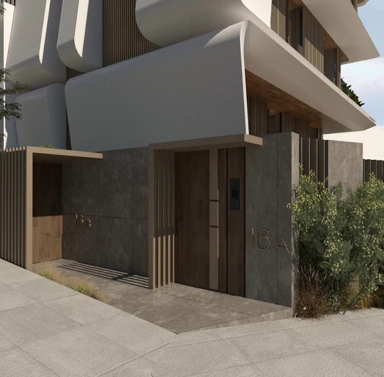Entrance-level exterior view of the modern residence in Voula, Athens Riviera