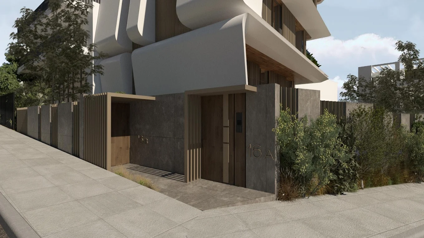 Voula Residence – Entrance-Level Exterior View Entrance-level exterior view of the modern residence in Voula, Athens Riviera