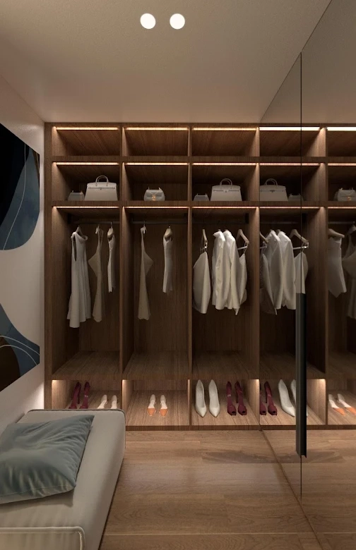 Walk-in closet with built-in wardrobes at a luxury residence in Voula, Athens Riviera