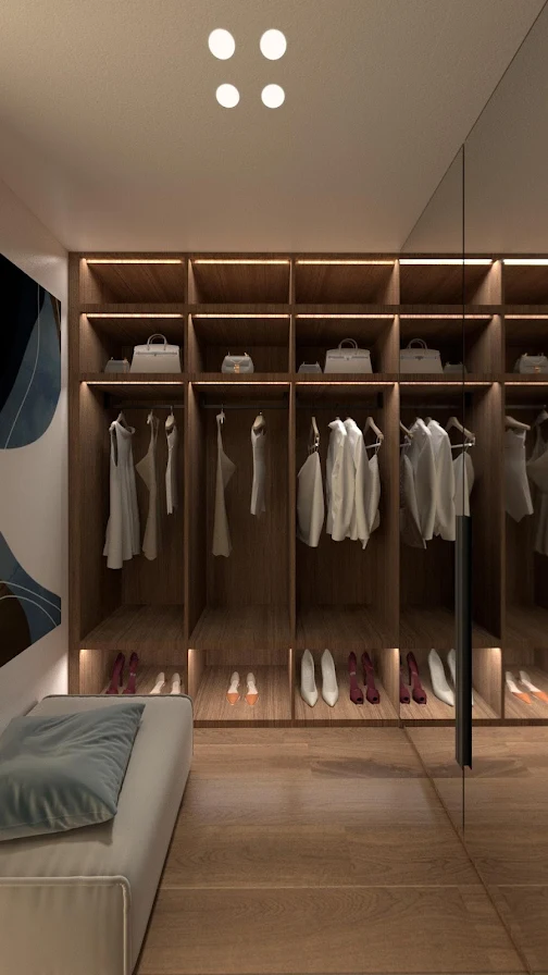Voula Residence – Walk-In Closet Walk-in closet with built-in wardrobes at a luxury residence in Voula, Athens Riviera