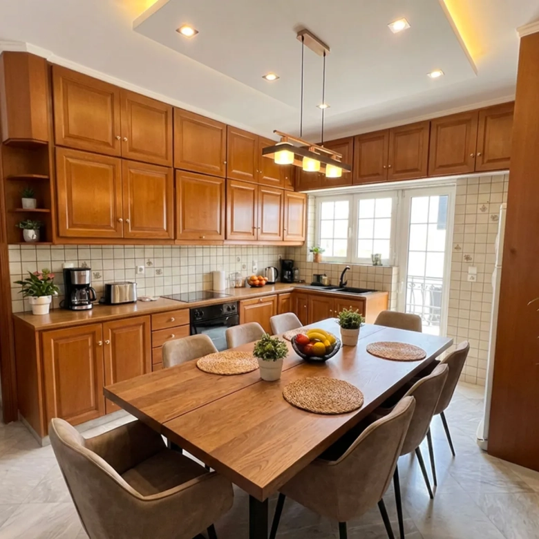 Bright kitchen and dining area with tall wooden cabinets, a wooden dining table for six, and potted plants on the counter and shelves.