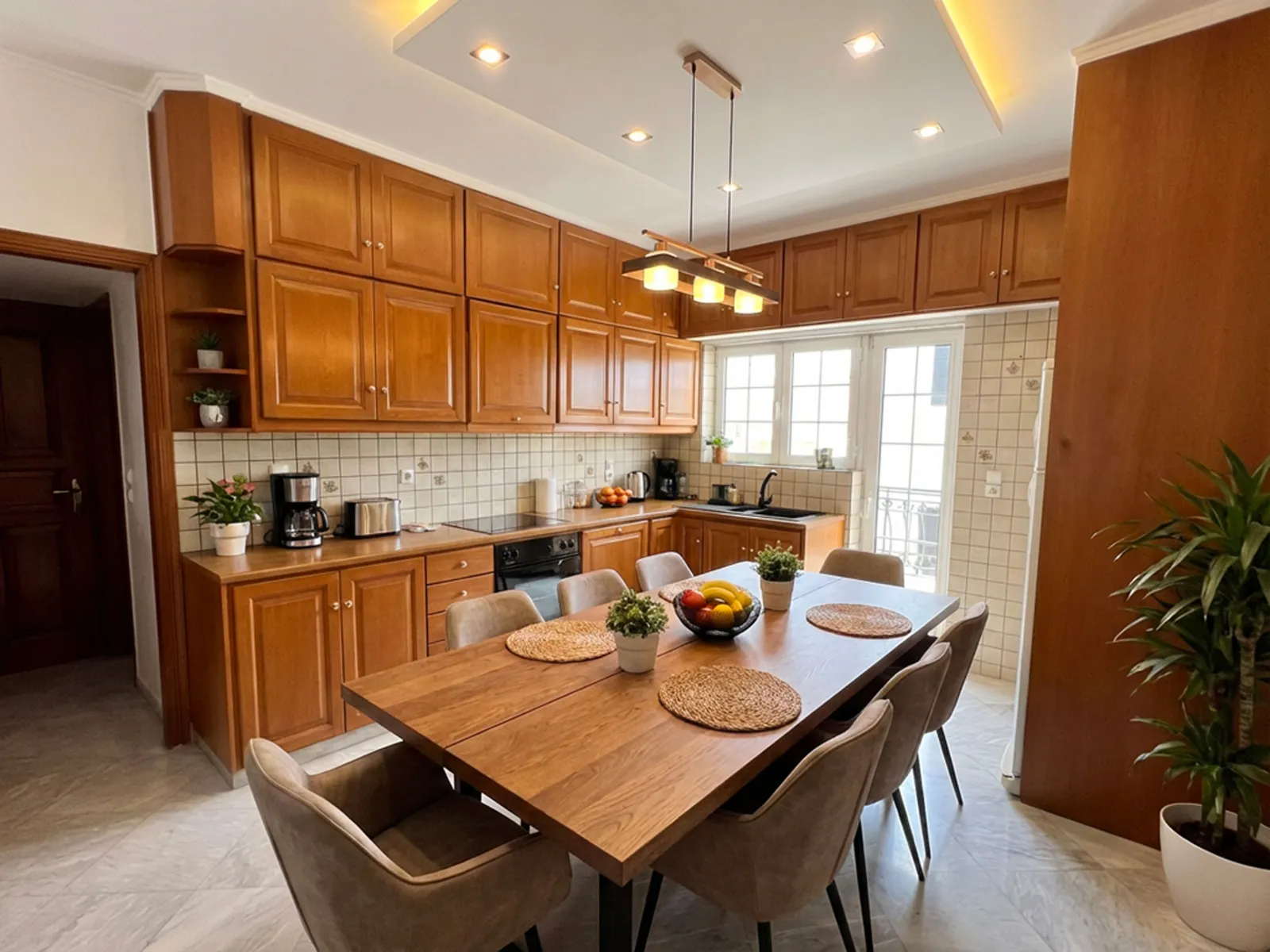 Bright kitchen and dining area with tall wooden cabinets, a wooden dining table for six, and potted plants on the counter and shelves.