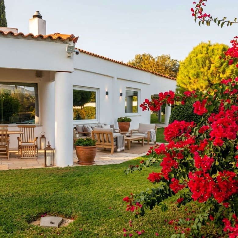 Garden view with bougainvillea beside the residence at a private estate in Porto Rafti, Attica
