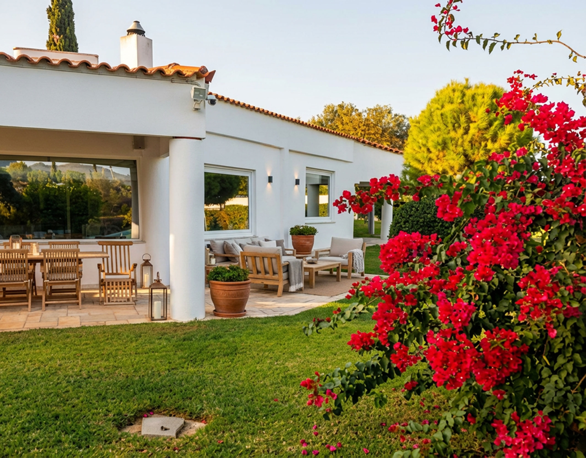 Porto Rafti Estate – Garden View by the Residence Garden view with bougainvillea beside the residence at a private estate in Porto Rafti, Attica