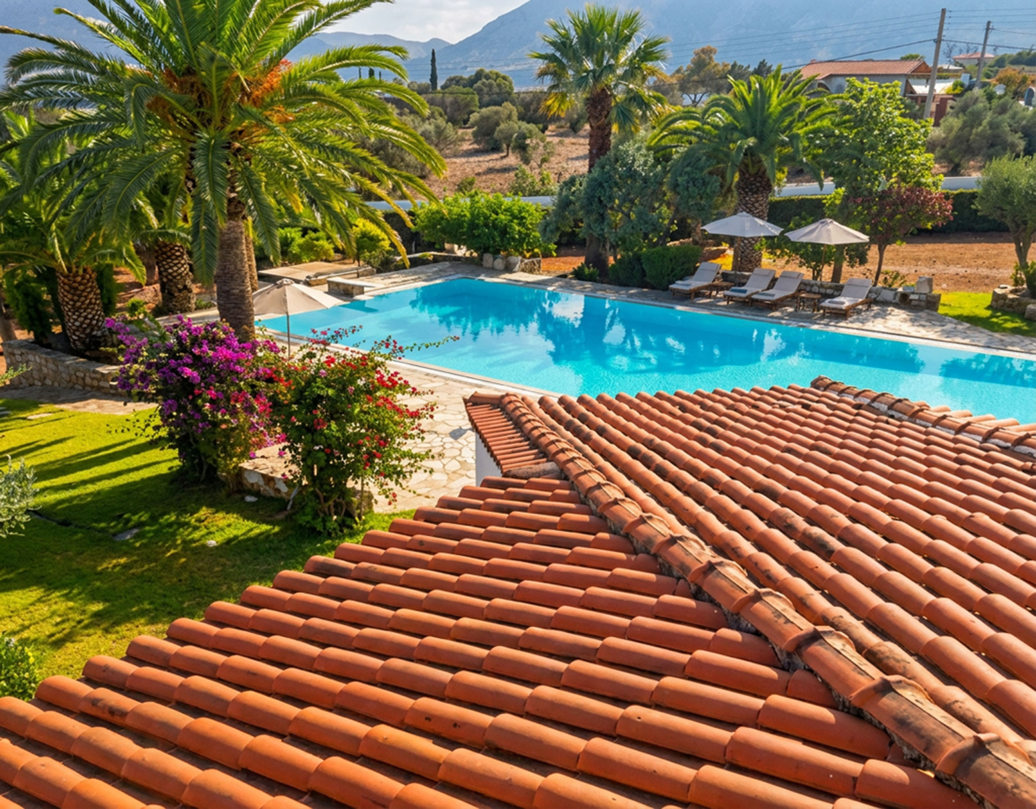Porto Rafti Estate – Pool & Garden View Swimming pool and landscaped garden at a private estate in Porto Rafti, Attica