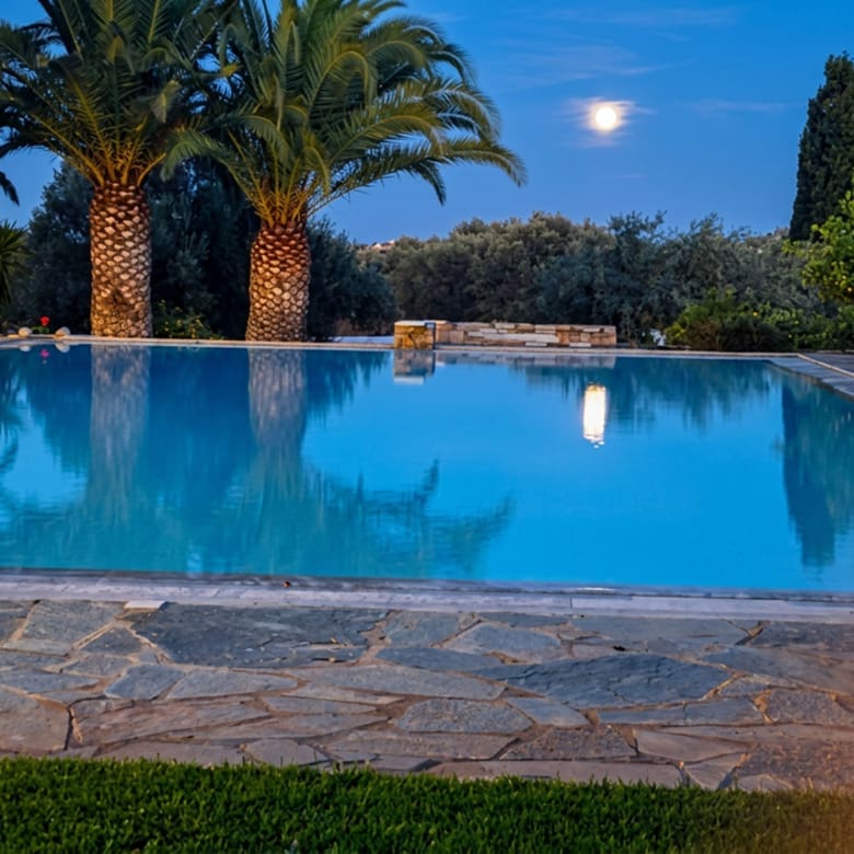 Swimming pool at dusk with palm trees at a private estate in Porto Rafti, Attica
