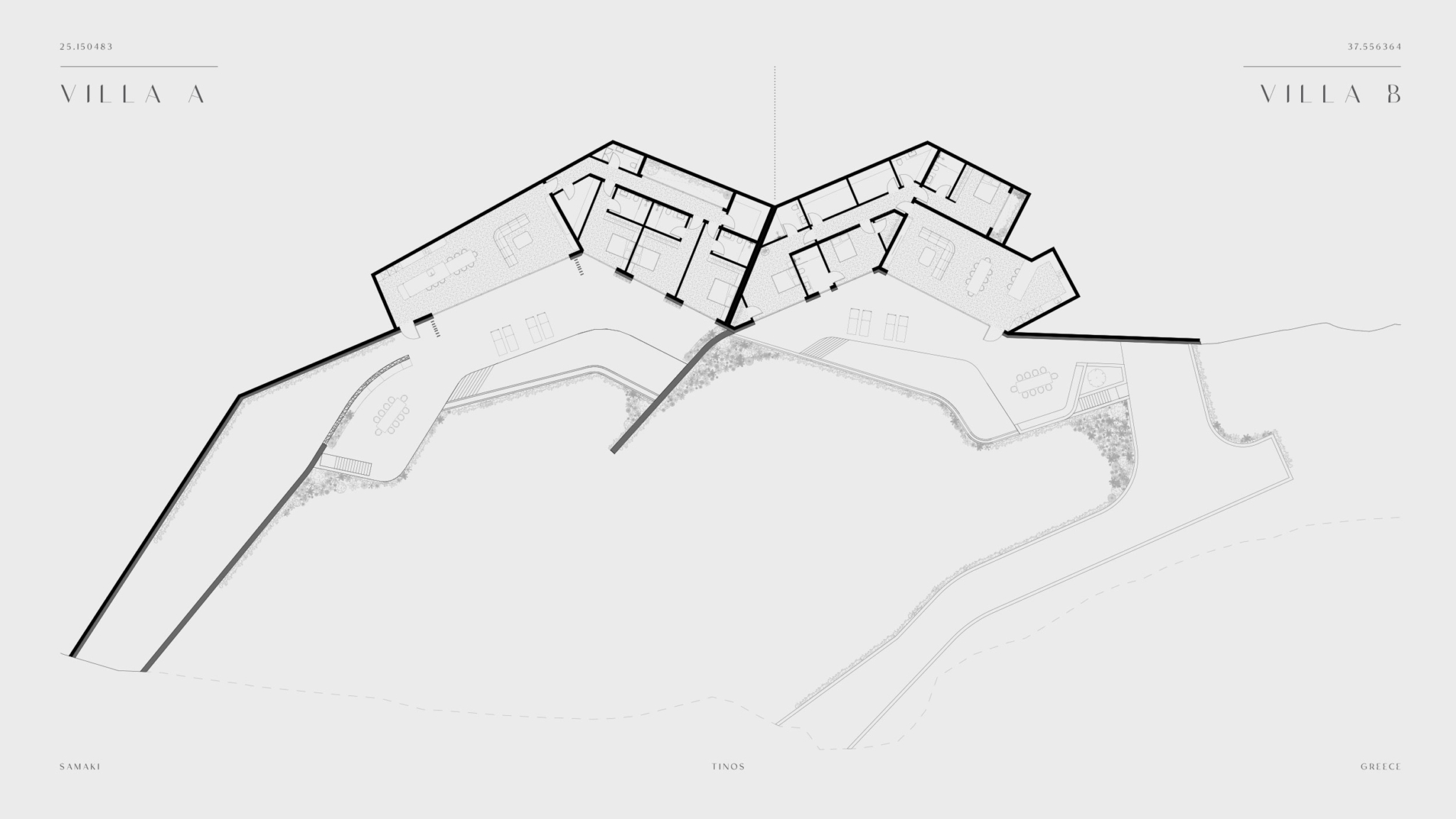 Master floor plan showing Villa A and Villa B layouts at Strokes of Tinos luxury sea-view cave villas, Tinos, Cyclades