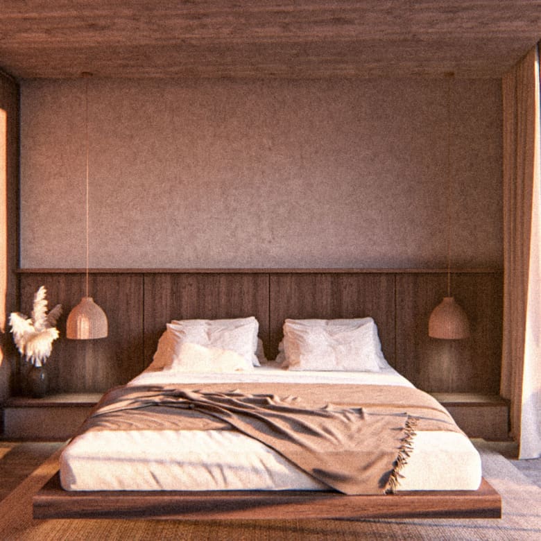 Minimal cave-style bedroom with natural textures at Strokes of Tinos, Tinos, Cyclades