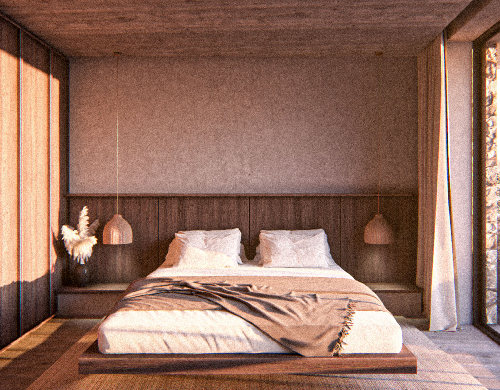 Minimal cave-style bedroom with natural textures at Strokes of Tinos, Tinos, Cyclades