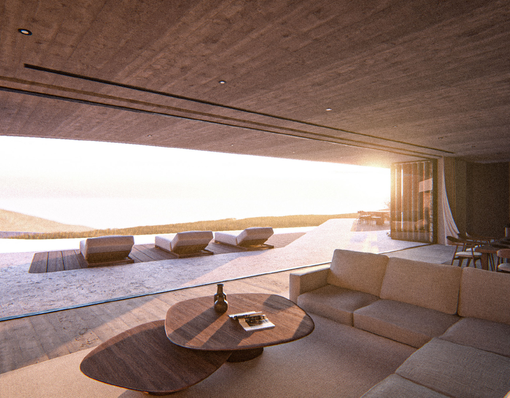 Outdoor lounge seating with sunset sea view at Strokes of Tinos luxury cave villas, Tinos, Cyclades