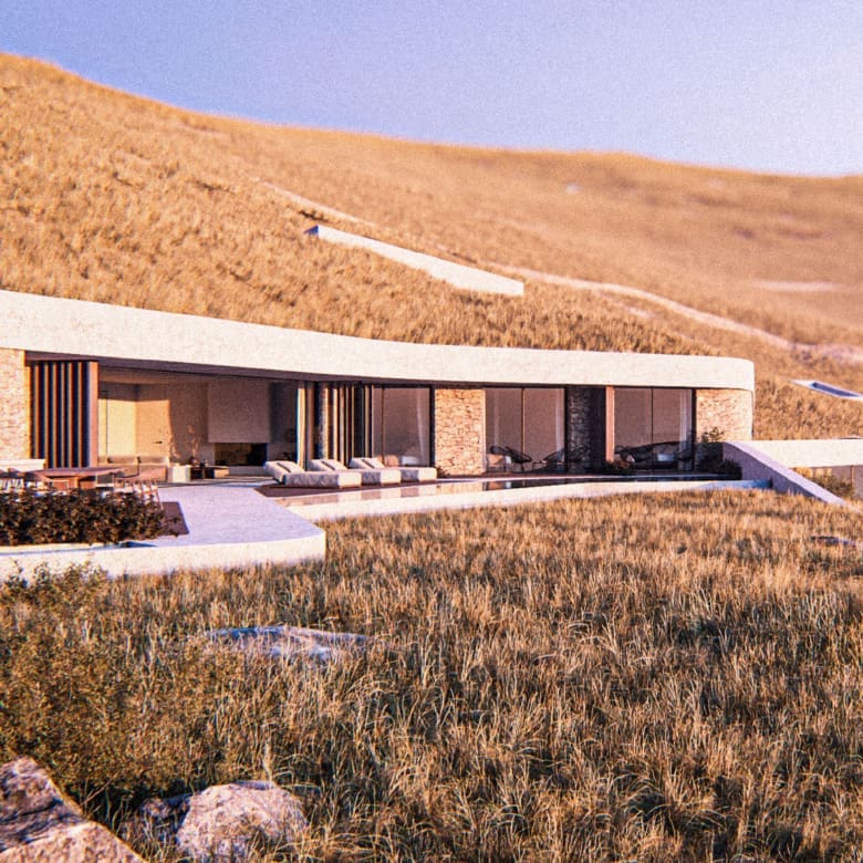 Exterior view of Strokes of Tinos cave villas integrated into the landscape, Tinos, Cyclades