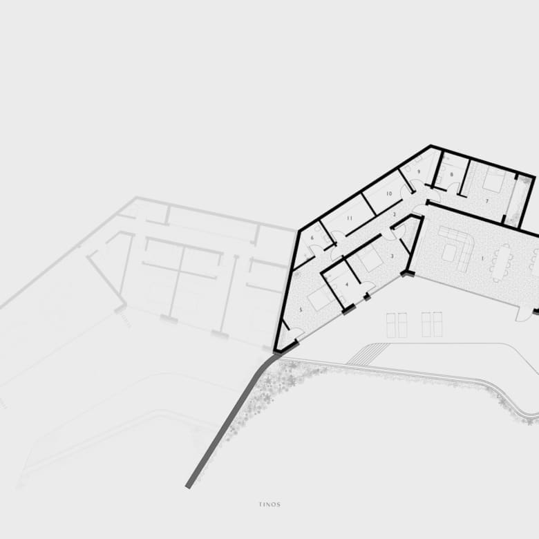 Villa B floor plan layout at Strokes of Tinos luxury sea-view cave villas, Tinos, Cyclades