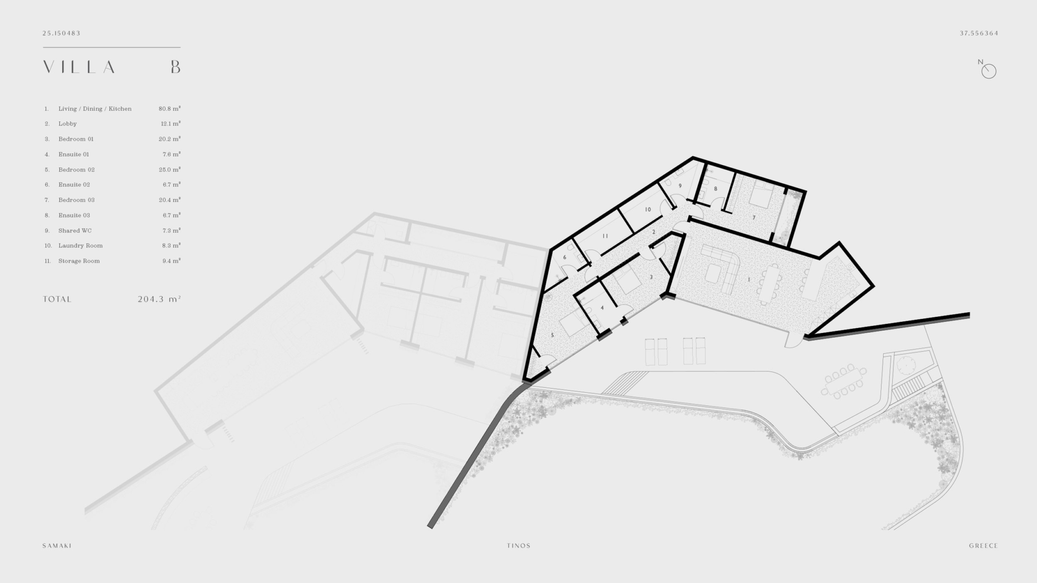 Villa B floor plan layout at Strokes of Tinos luxury sea-view cave villas, Tinos, Cyclades