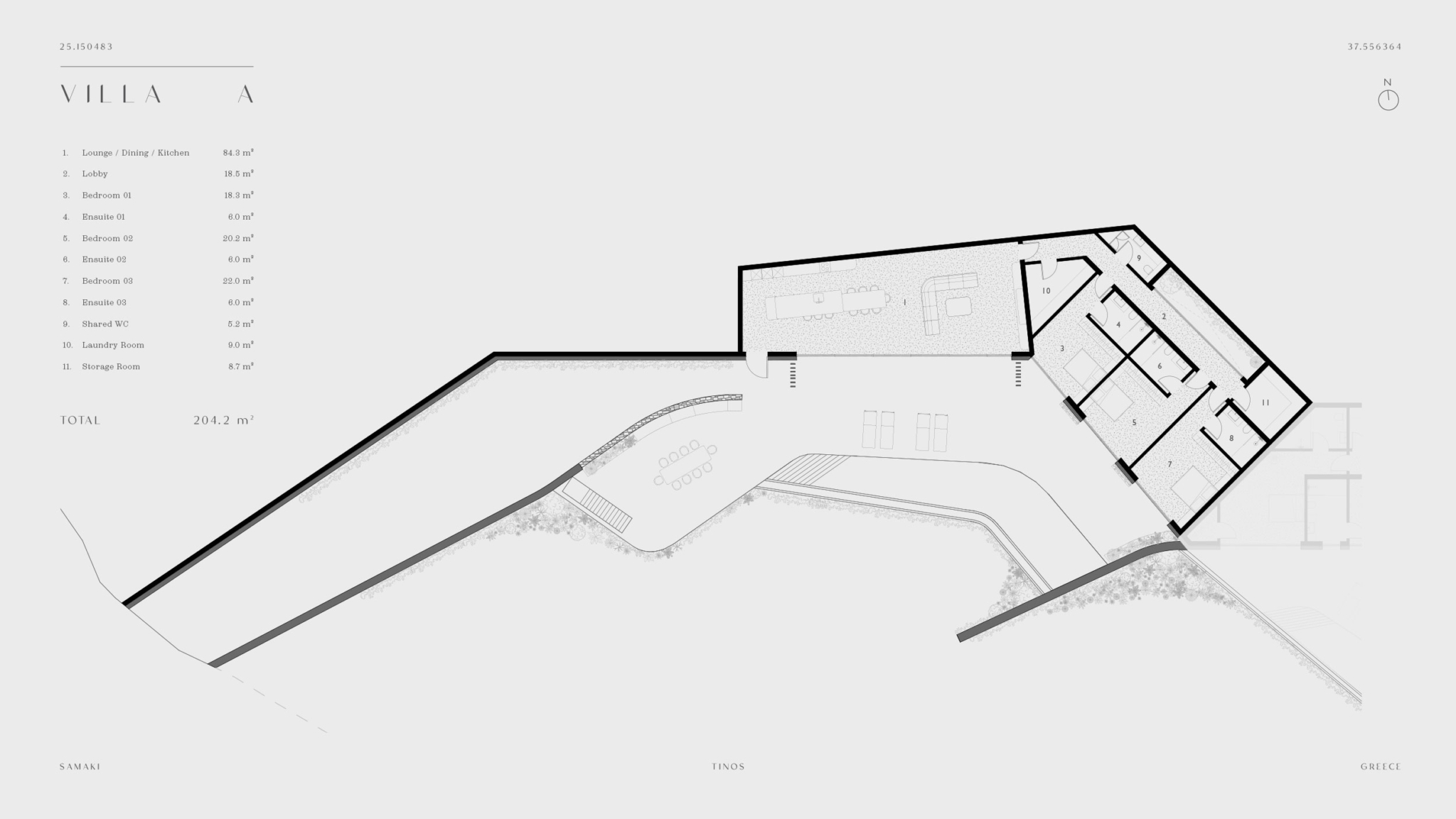 Villa A floor plan layout at Strokes of Tinos luxury sea-view cave villas, Tinos, Cyclades