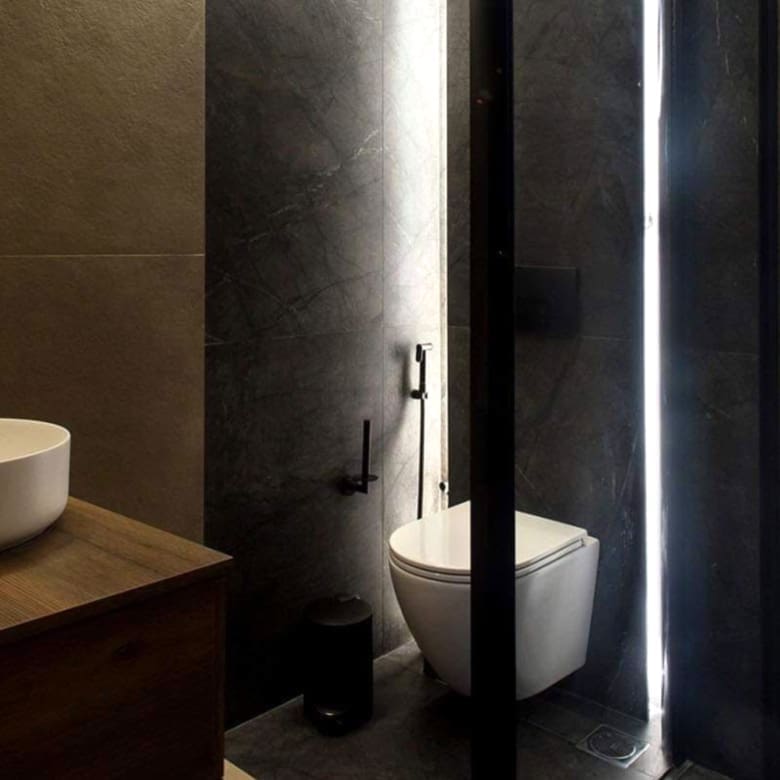 Bathroom with dark finishes, toilet, and walk-in shower enclosure, Nea Filothei, Athens, Greece