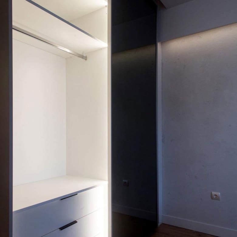 Built-in wardrobe with drawers and open shelving in a bedroom, Nea Filothei, Athens, Greece