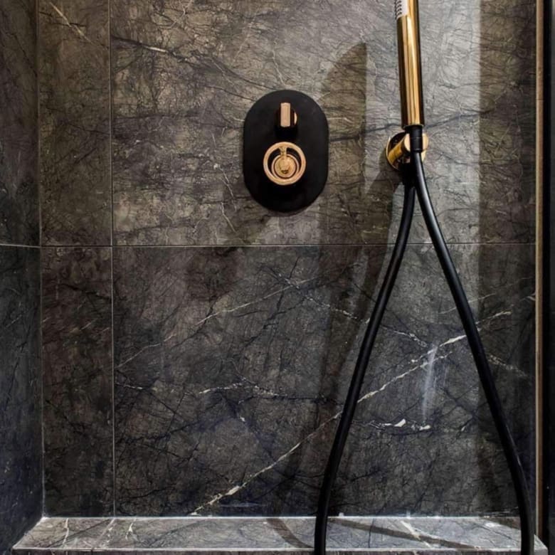 Walk-in shower with dark stone-look wall tiles and modern fixtures, Nea Filothei, Athens, Greece