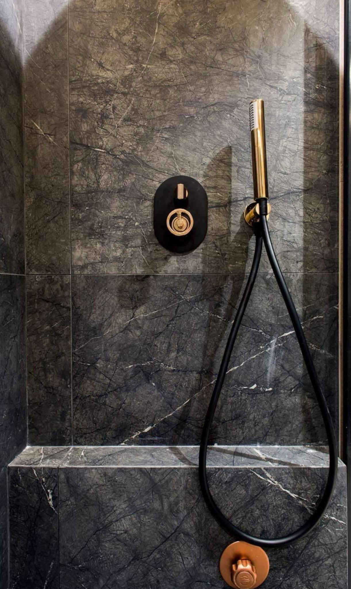 Walk-in shower with dark stone-look wall tiles and modern fixtures, Nea Filothei, Athens, Greece