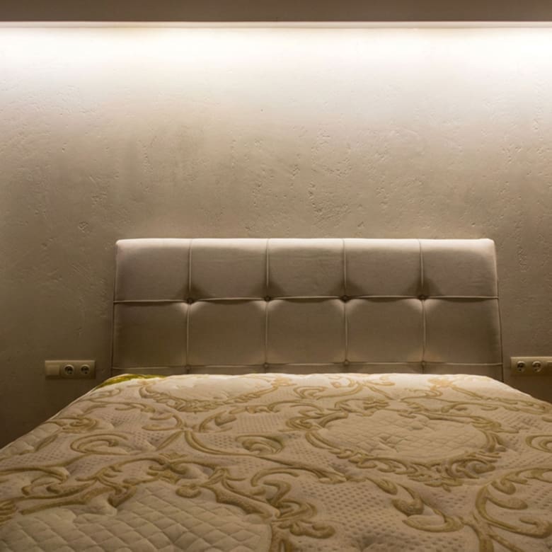 Bedroom view with upholstered headboard and soft ambient lighting, Nea Filothei, Athens, Greece