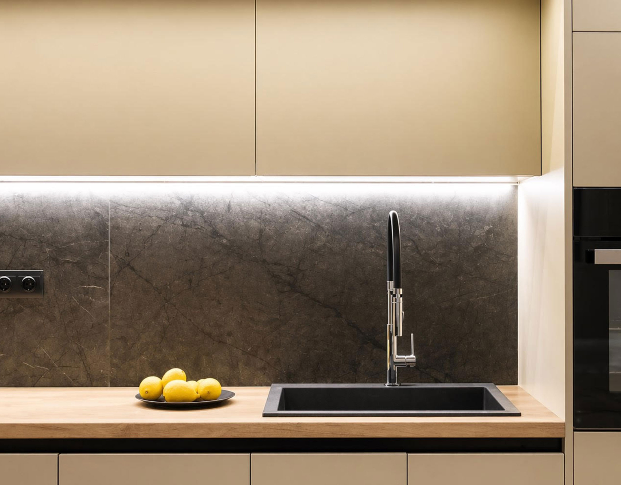 Kitchen sink and backsplash detail with under-cabinet lighting, Nea Filothei, Athens, Greece