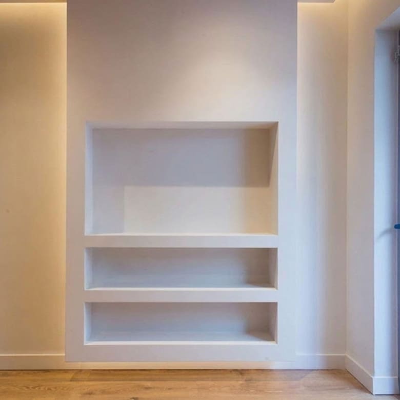 Interior niche with built-in shelving and wood flooring, Nea Filothei, Athens, Greece