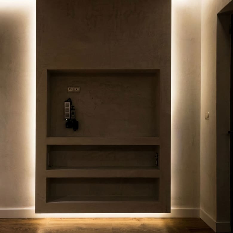 Minimal interior niche with recessed shelving and soft lighting, Nea Filothei, Athens, Greece