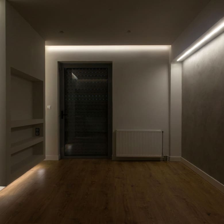 Modern hallway with wood flooring and recessed ceiling lighting, Nea Filothei, Athens, Greece