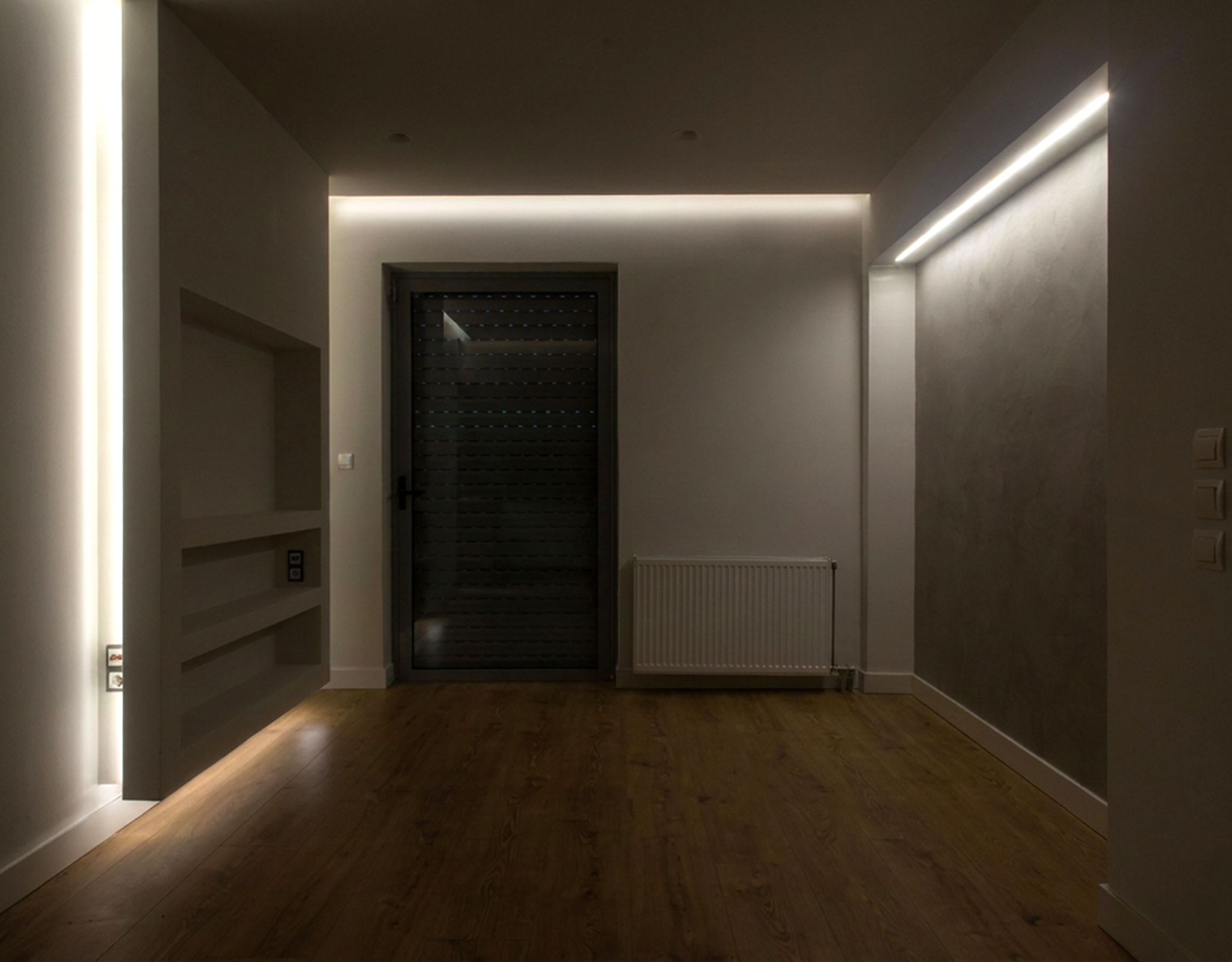 Modern hallway with wood flooring and recessed ceiling lighting, Nea Filothei, Athens, Greece