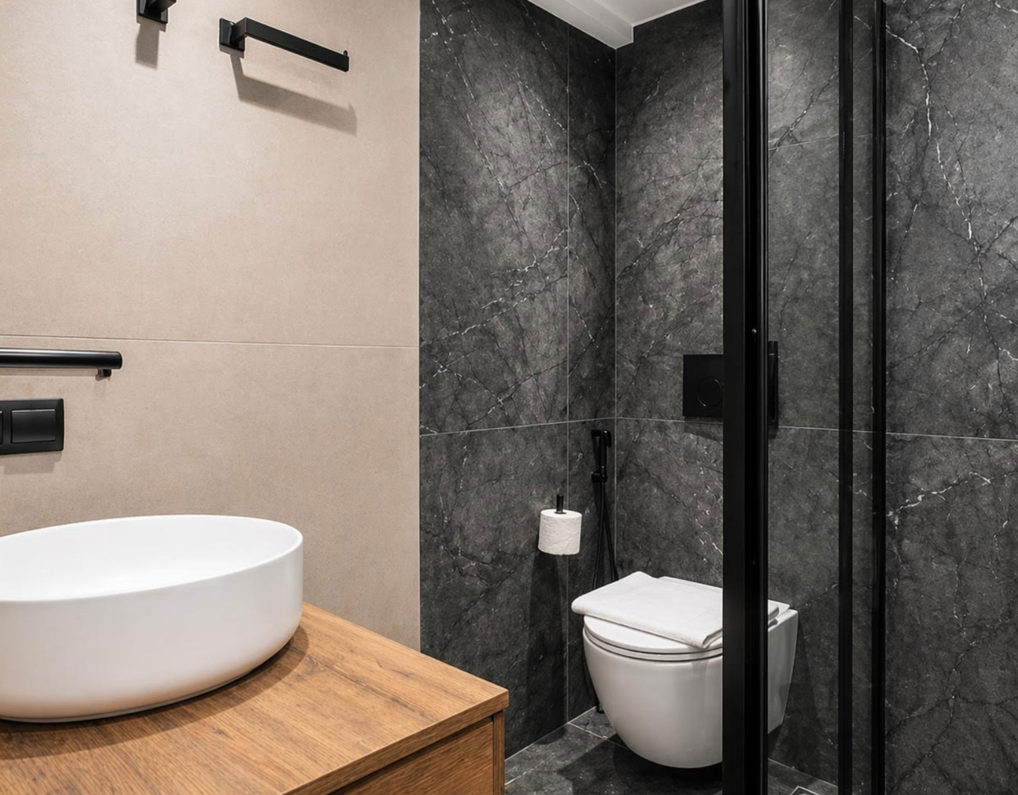 Bathroom with vanity, toilet, and dark stone-look shower enclosure, Nea Filothei, Athens, Greece