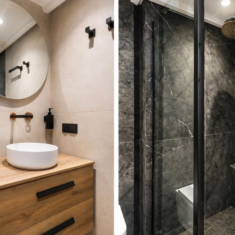 Bathroom vanity with round mirror and walk-in shower with dark finishes, Nea Filothei, Athens, Greece