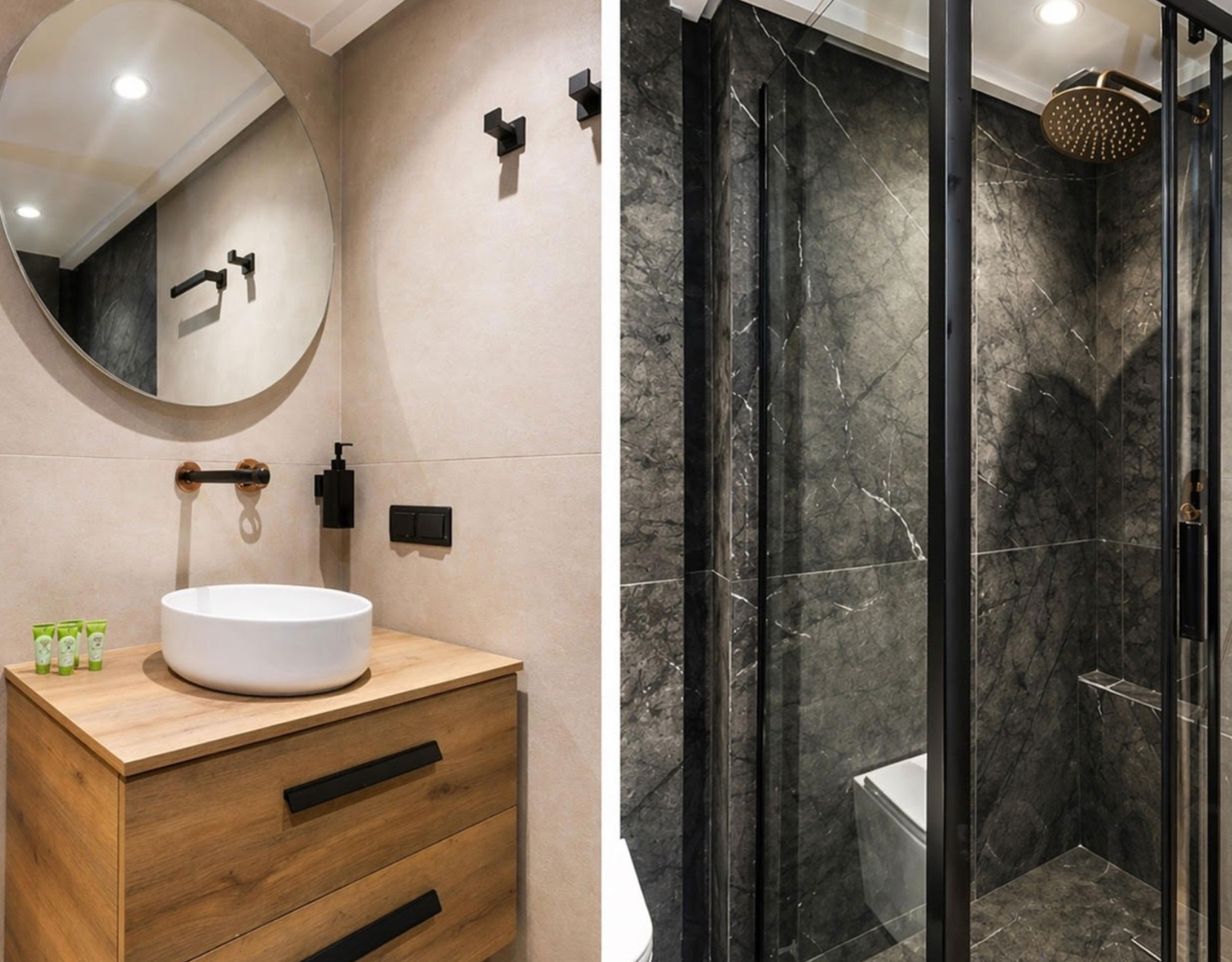 Bathroom vanity with round mirror and walk-in shower with dark finishes, Nea Filothei, Athens, Greece
