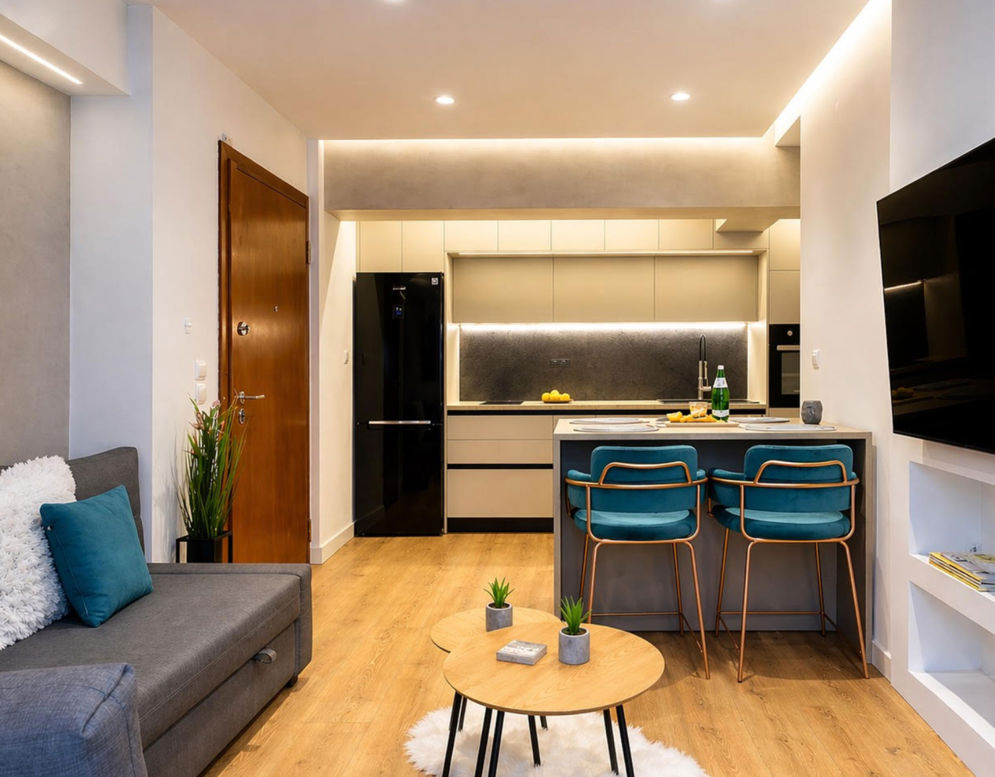 Modern kitchen with island, bar stools, and built-in appliances, Nea Filothei, Athens, Greece