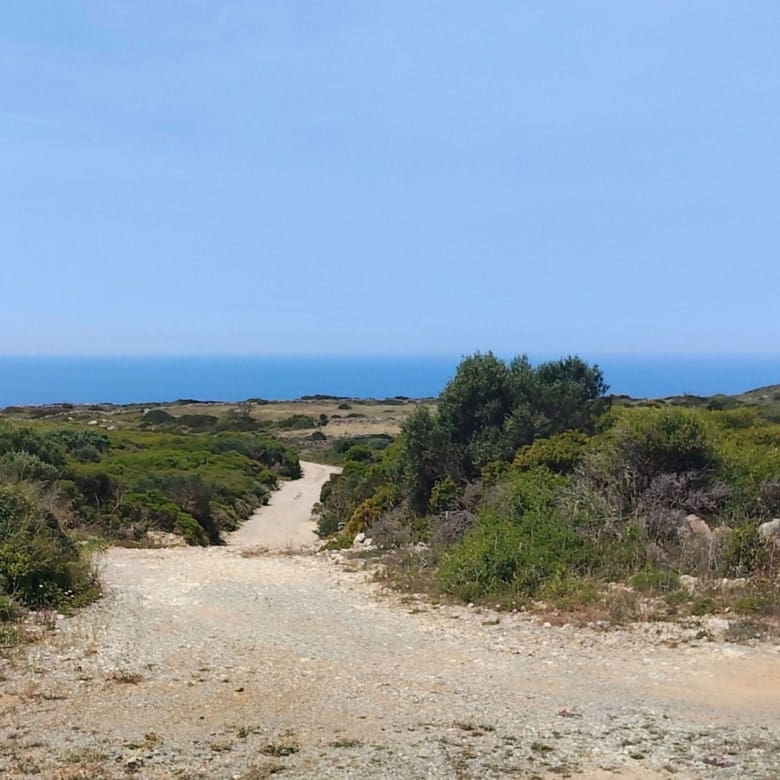 Dirt access track leading toward the sea horizon, Kythira, Greece