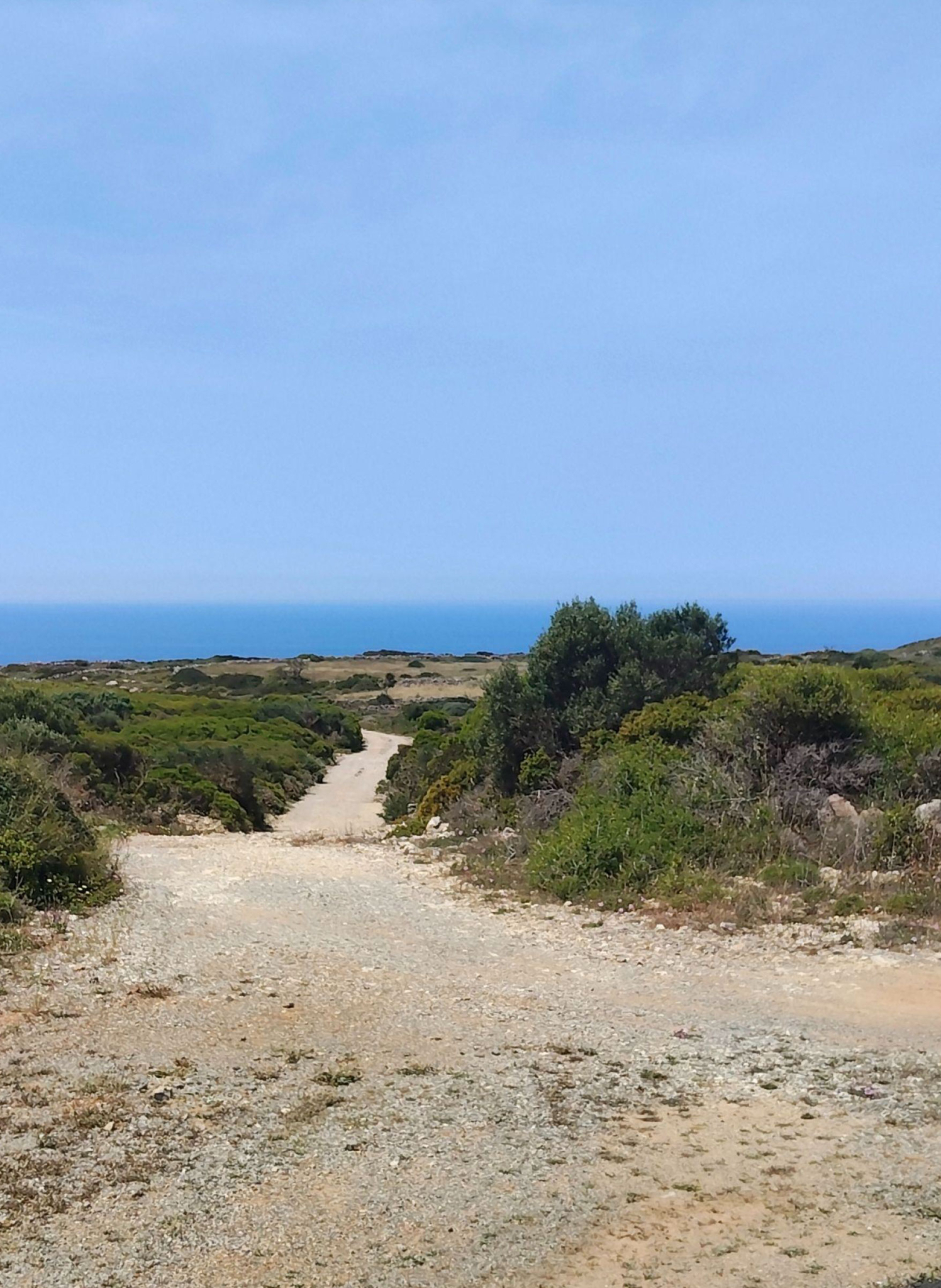 Dirt access track leading toward the sea horizon, Kythira, Greece