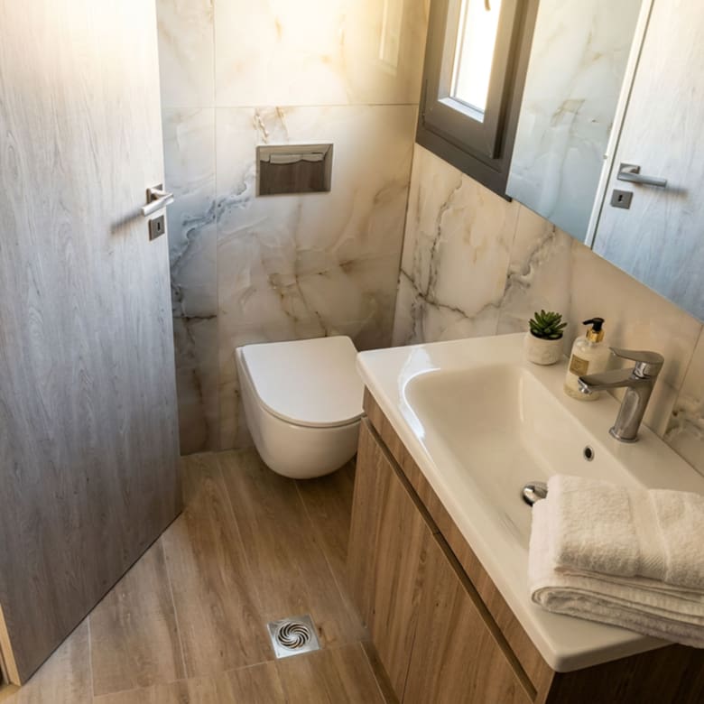 Modern guest WC on the 5th floor with shower area in a newly built duplex maisonette